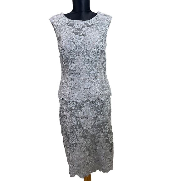 Alex Evenings Sheath Dress Gray silver sz. 6 Floral Embroidered Sequins Cocktail - Picture 1 of 12